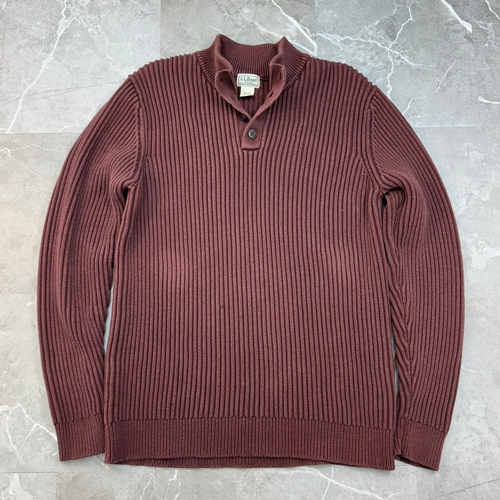 LL Bean Mock Neck Sweater Mens XL Tall XLT Rib Knit Maroon Button Front Cotton